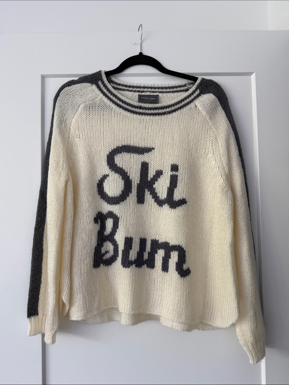 Wooden Ships Cream Crewneck Sweater with Charcoal Lettering